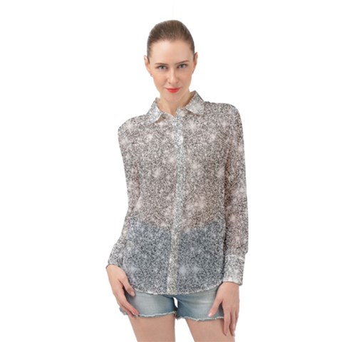 Silver And White Glitters Metallic Finish Party Texture Background Imitation Long Sleeve Chiffon Shirt by genx