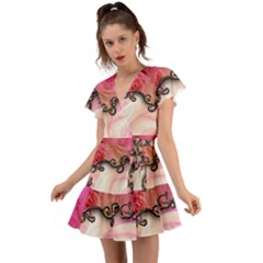 Decorative Elegant Roses Flutter Sleeve Wrap Dress