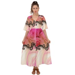 Decorative Elegant Roses Kimono Sleeve Boho Dress