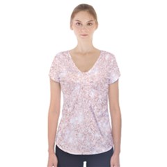 Rose Gold Pink Glitters Metallic Finish Party Texture Imitation Pattern Short Sleeve Front Detail Top by genx