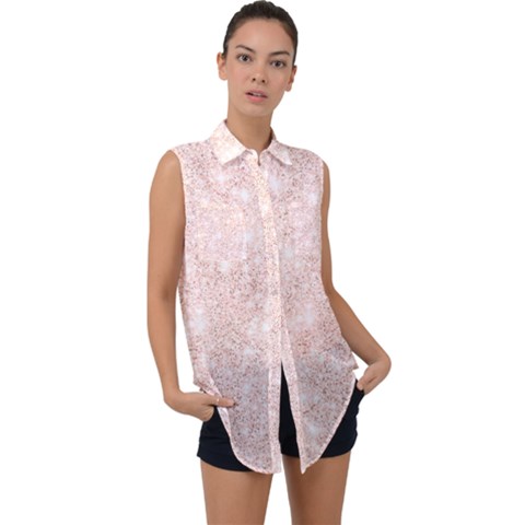 Rose Gold Pink Glitters Metallic Finish Party Texture Imitation Pattern Sleeveless Chiffon Button Shirt by genx