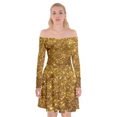 Gold Glitters Metallic Finish Party Texture Background Faux Shine Pattern Off Shoulder Skater Dress by genx