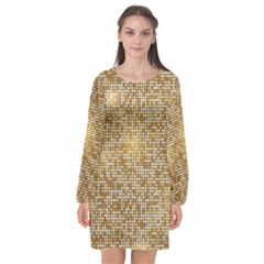 Retro Gold Glitters Golden Disco Ball Optical Illusion Long Sleeve Chiffon Shift Dress  by genx