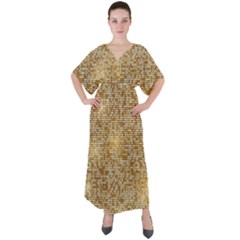 Retro Gold Glitters Golden Disco Ball Optical Illusion V-neck Boho Style Maxi Dress by genx