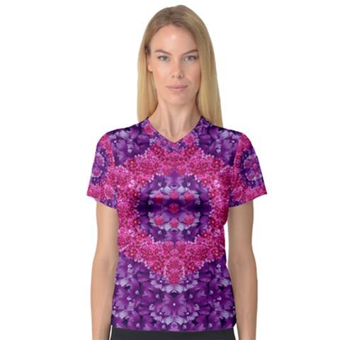 Flowers And Purple Suprise To Love And Enjoy V-neck Sport Mesh Tee by pepitasart