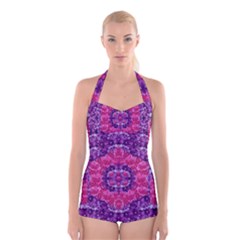 Flowers And Purple Suprise To Love And Enjoy Boyleg Halter Swimsuit  by pepitasart