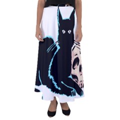 Black Cat & Halloween Skull Flared Maxi Skirt by gothicandhalloweenstore