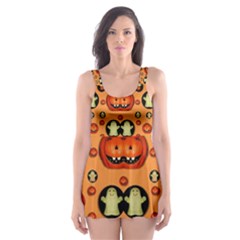 Happy Pumkins And Ghosts And  They Love The Season Skater Dress Swimsuit by pepitasart