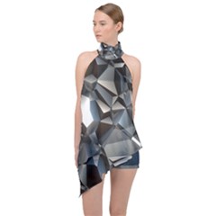 Triangles Polygon Color Silver Uni Halter Asymmetric Satin Top by Wegoenart