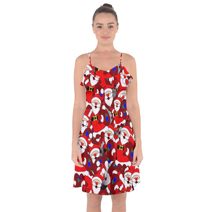 Nicholas Santa Christmas Pattern Ruffle Detail Chiffon Dress