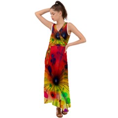 Color Background Structure Lines V-neck Chiffon Maxi Dress