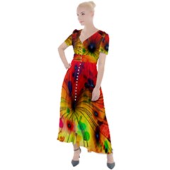 Color Background Structure Lines Button Up Short Sleeve Maxi Dress