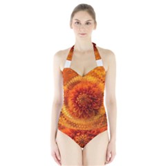 Abstract Dahlia Orange Autumn Halter Swimsuit by Wegoenart