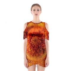 Abstract Dahlia Orange Autumn Shoulder Cutout One Piece Dress by Wegoenart