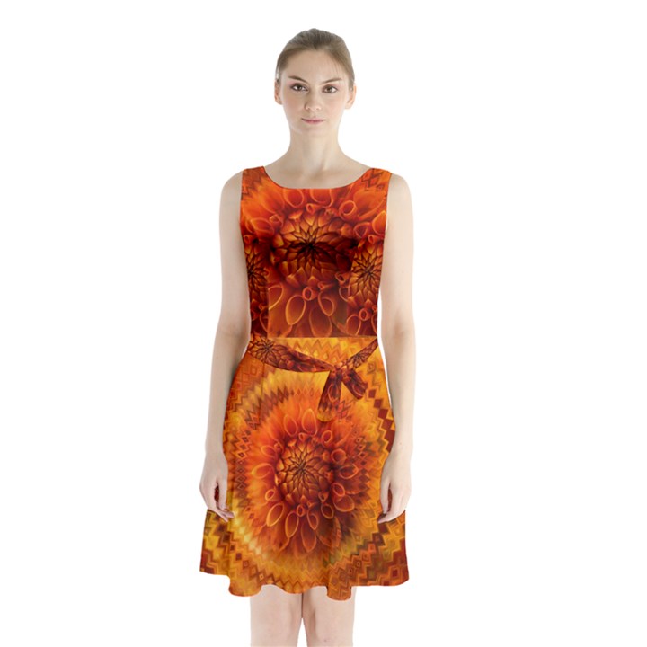 Abstract Dahlia Orange Autumn Sleeveless Waist Tie Chiffon Dress