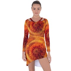 Abstract Dahlia Orange Autumn Asymmetric Cut-out Shift Dress by Wegoenart