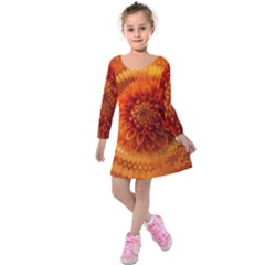 Abstract Dahlia Orange Autumn Kids  Long Sleeve Velvet Dress by Wegoenart