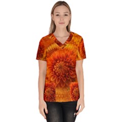 Abstract Dahlia Orange Autumn Women s V-neck Scrub Top by Wegoenart