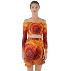 Abstract Dahlia Orange Autumn Off Shoulder Top With Skirt Set by Wegoenart