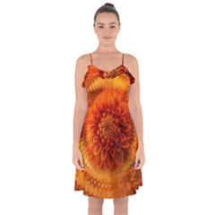 Abstract Dahlia Orange Autumn Ruffle Detail Chiffon Dress by Wegoenart