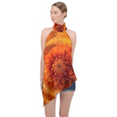 Abstract Dahlia Orange Autumn Halter Asymmetric Satin Top by Wegoenart