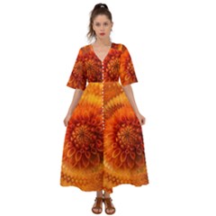 Abstract Dahlia Orange Autumn Kimono Sleeve Boho Dress