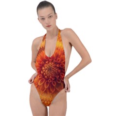 Abstract Dahlia Orange Autumn Backless Halter One Piece Swimsuit by Wegoenart