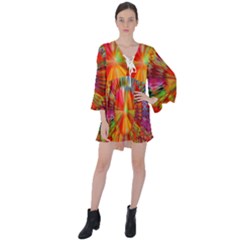 Kaleidoscope Mandala Color V-neck Flare Sleeve Mini Dress