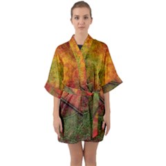 Fall Foliage Color Leaf Veins Half Sleeve Satin Kimono  by Wegoenart