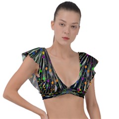 Explosion Abstract Pattern Plunge Frill Sleeve Bikini Top