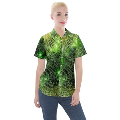 Fireworks Rocket New Year S Day Women s Short Sleeve Pocket Shirt by Wegoenart