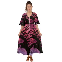 Trees Silhouette Sky Clouds Sunset Kimono Sleeve Boho Dress