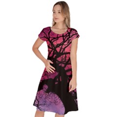 Trees Silhouette Sky Clouds Sunset Classic Short Sleeve Dress