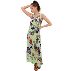 Flowers Ornament Decoration V-neck Chiffon Maxi Dress