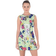 Flowers Ornament Decoration Lace Up Front Bodycon Dress