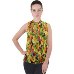 Background Pattern Structure Fruit Mock Neck Chiffon Sleeveless Top by Wegoenart