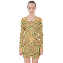 Mandalas Flower Mandalas Flowers V-neck Bodycon Long Sleeve Dress by Wegoenart