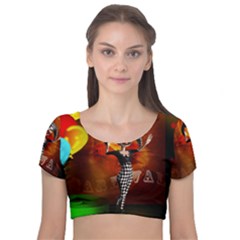 Cute Little Harlequin Velvet Short Sleeve Crop Top  by FantasyWorld7