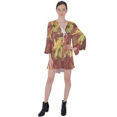 Tropical Vintage Floral Artwork Print V-neck Flare Sleeve Mini Dress