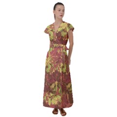 Tropical Vintage Floral Artwork Print Flutter Sleeve Maxi Dress