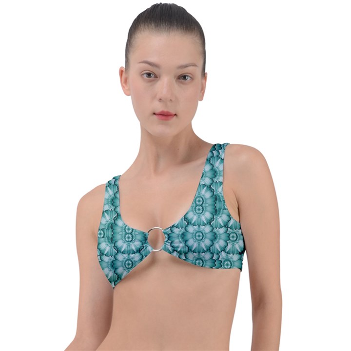 Sea And Florals In Deep Love Ring Detail Bikini Top