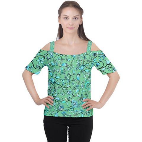 Green Flowers Cutout Shoulder Tee by ZeeBee