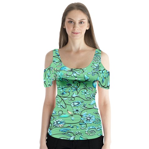 Green Flowers Butterfly Sleeve Cutout Tee  by ZeeBee