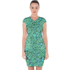 Green Flowers Capsleeve Drawstring Dress 