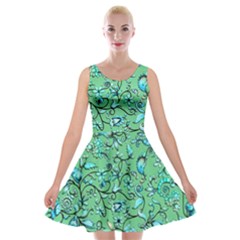 Green Flowers Velvet Skater Dress