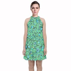 Green Flowers Velvet Halter Neckline Dress 