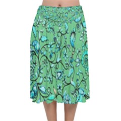 Green Flowers Velvet Flared Midi Skirt