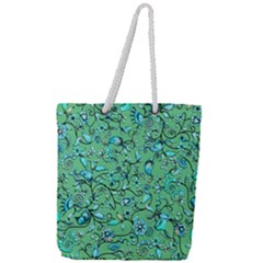 Green Flowers Full Print Rope Handle Tote (large)