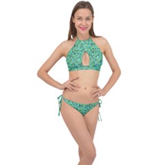 Green Flowers Cross Front Halter Bikini Set