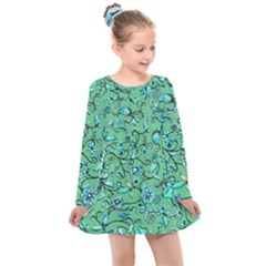 Green Flowers Kids  Long Sleeve Dress